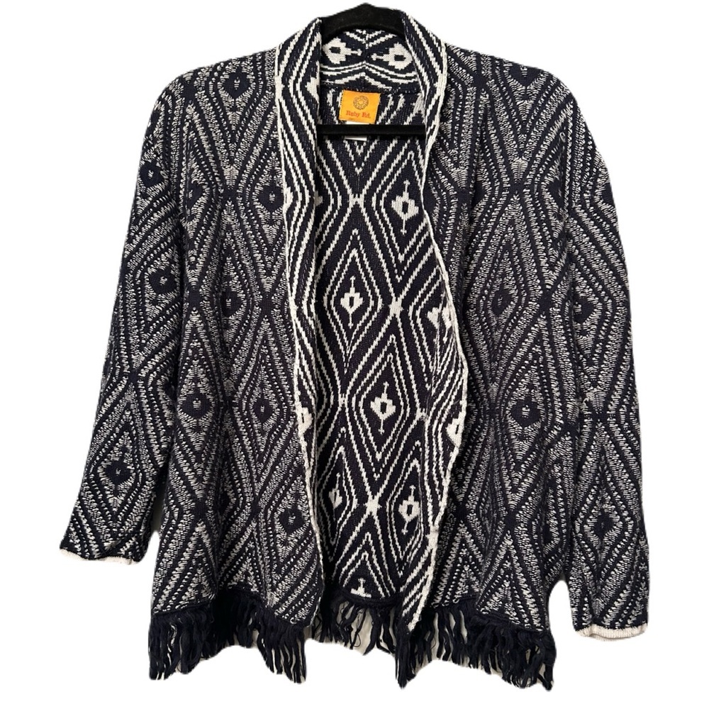 Ruby Rd. Navy and White Geometric Fringe Cardigan - Picture 11 of 15